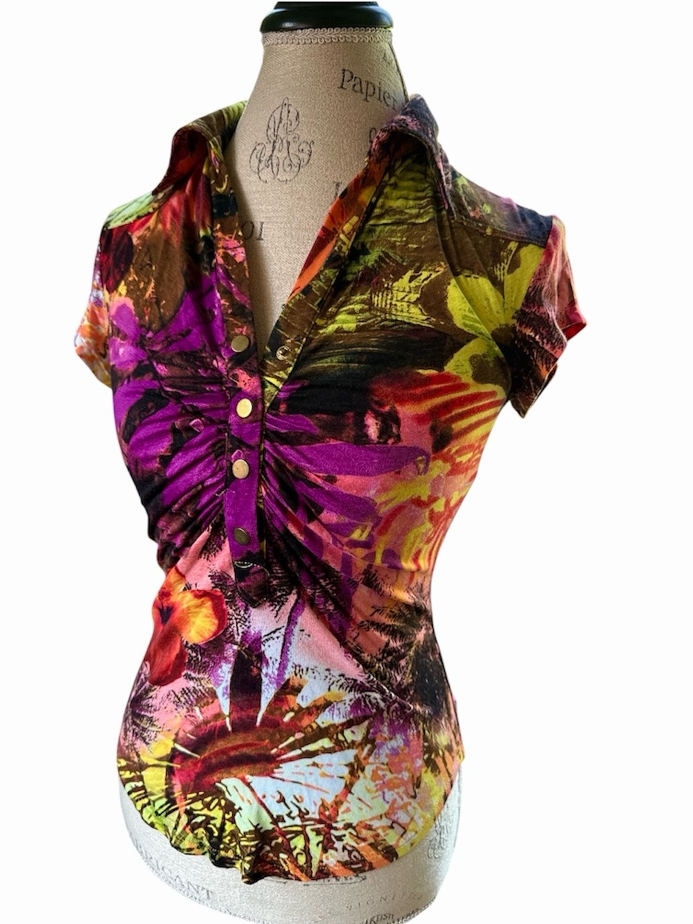 CACHE Y2K floral tropical stretch ruched collared polo